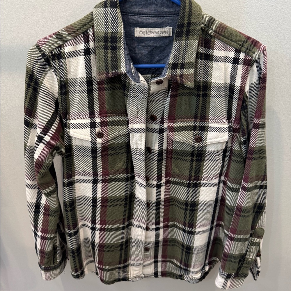 Outerknown Green and Burgundy Plaid Shirt